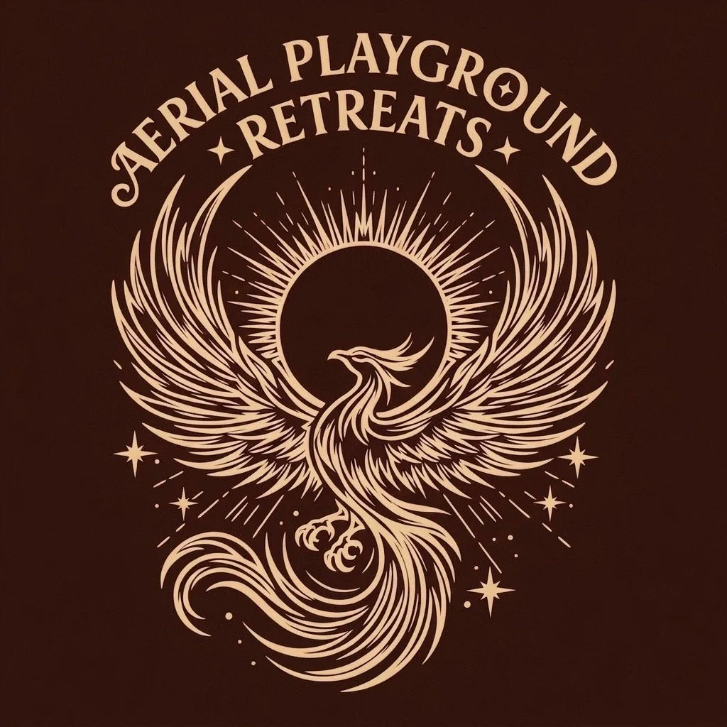 Design featuring a stylized phoenix with outstretched wings and a circular sun behind it, surrounded by stars, with the text "Aerial Playground Retreats" at the top.