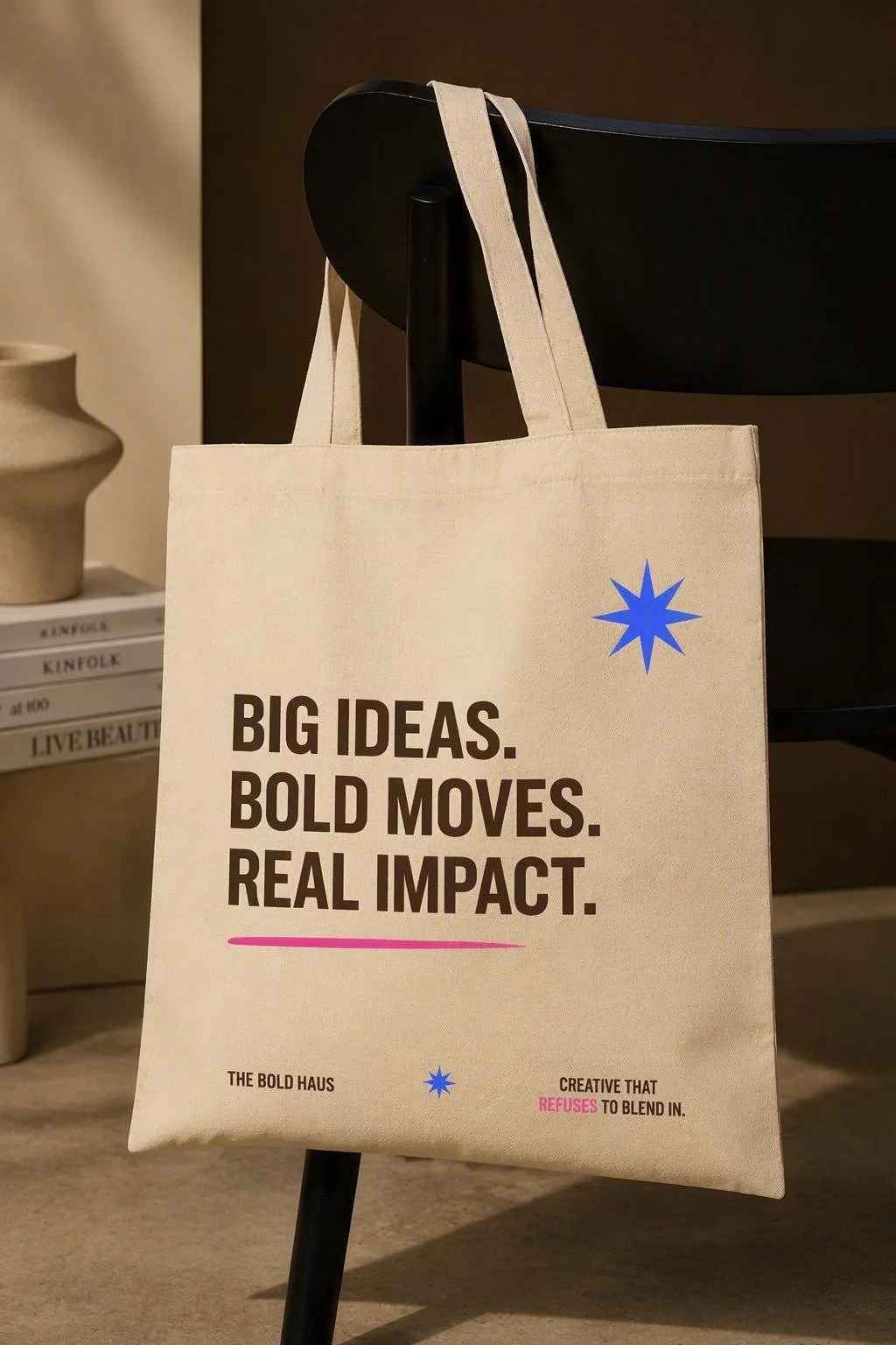 A beige tote bag hanging on a black chair backrest, with bold text that reads "BIG IDEAS. BOLD MOVES. REAL IMPACT." and a blue starburst graphic. The tote has small black text at the bottom, and pink highlights around the word "REFUSES."