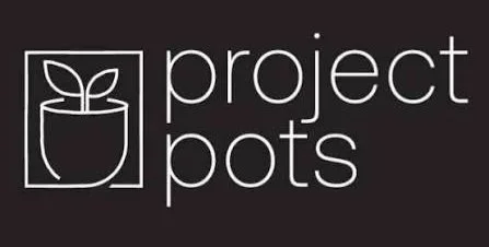 Logo for 'Project Pots' featuring a plant inside a pot within a square outline on a black background.