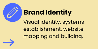 Icon of a pencil in a blue circle, with text 'Brand Identity' and description about visual identity, systems establishment, website mapping, and building.