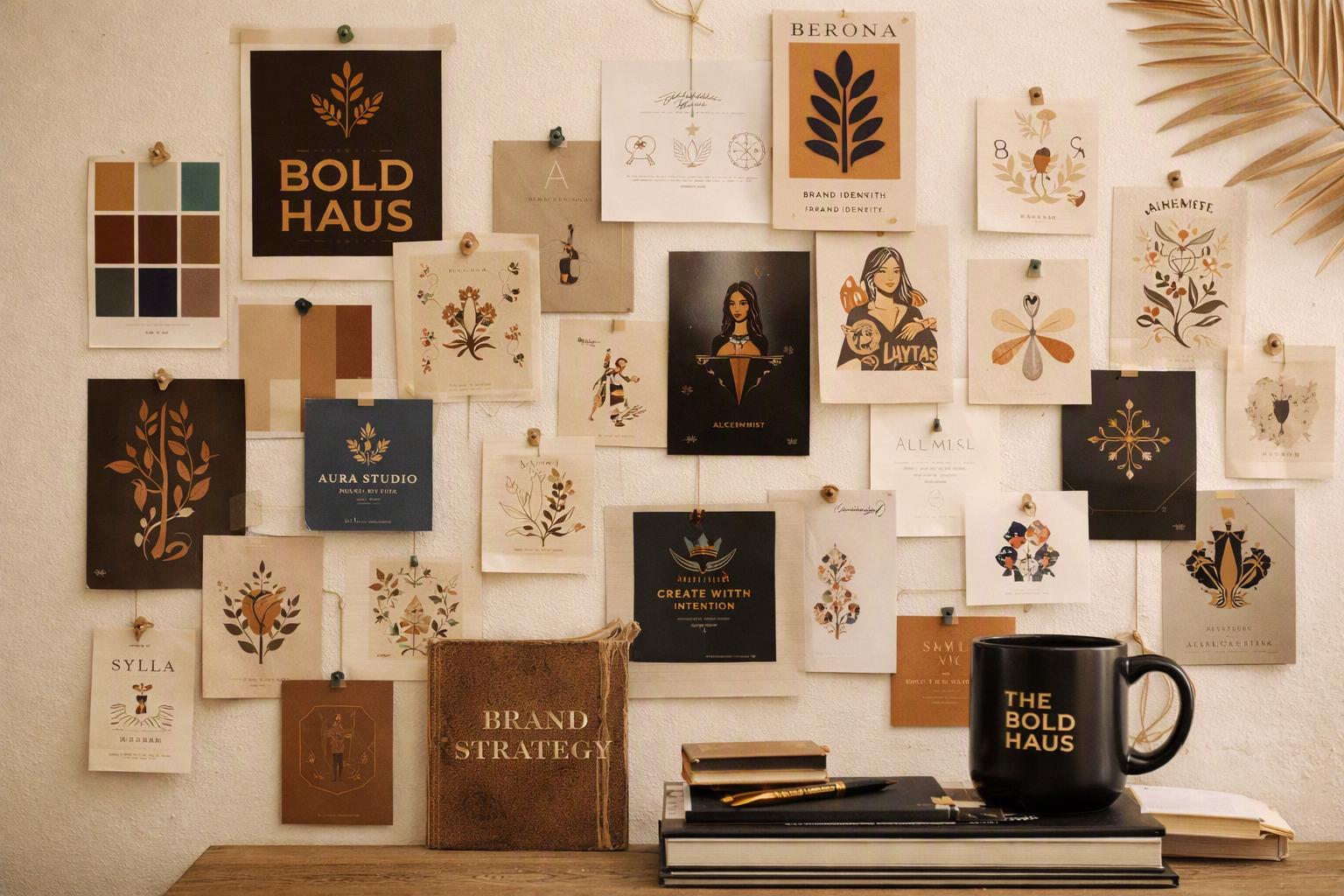 A wall decorated with various inspirational and branding posters, sketches, and art prints, with a stack of notebooks, a black mug labeled 'The Bold Haus', and a pen on a wooden surface in the foreground.