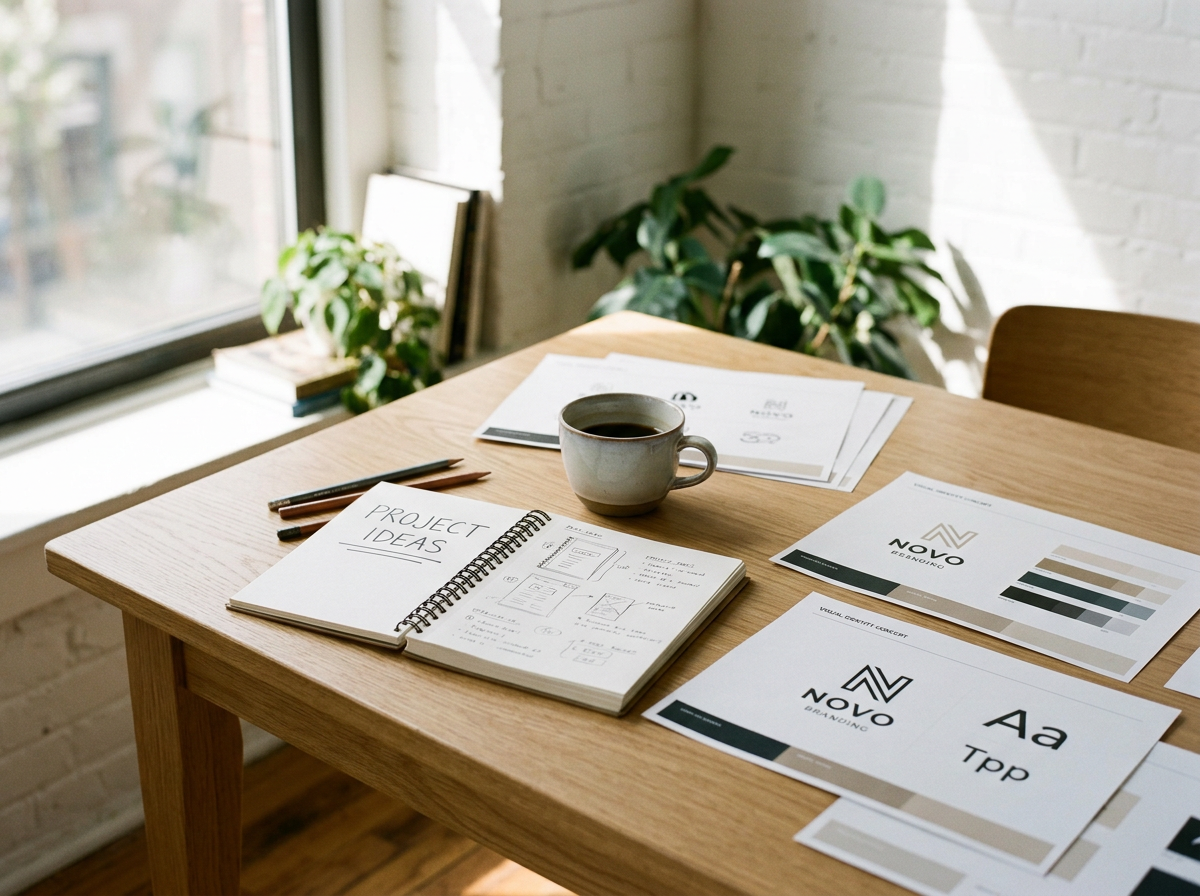 A wooden desk with coffee, notebooks, pens, and printed branding and logo materials in a sunlit room with plants and a window.