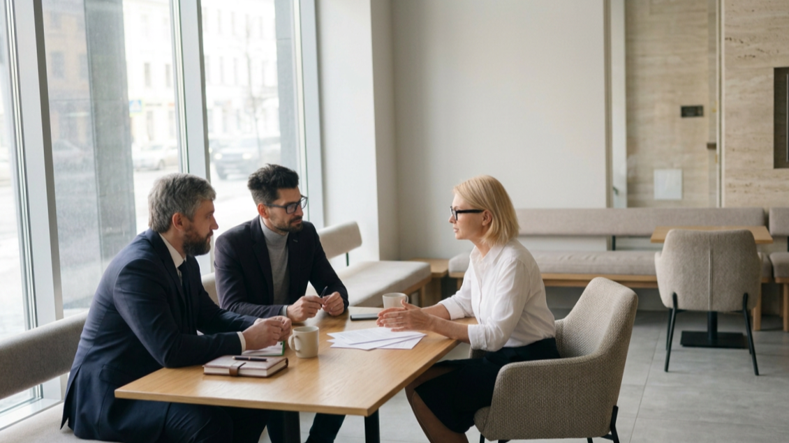 Three professionals seated at a table having a business discussion in a modern office with large windows.