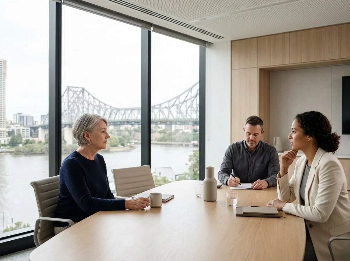 Three people seated in an interview for an executive leadership role overlooking the Brisbane River and a bridge.