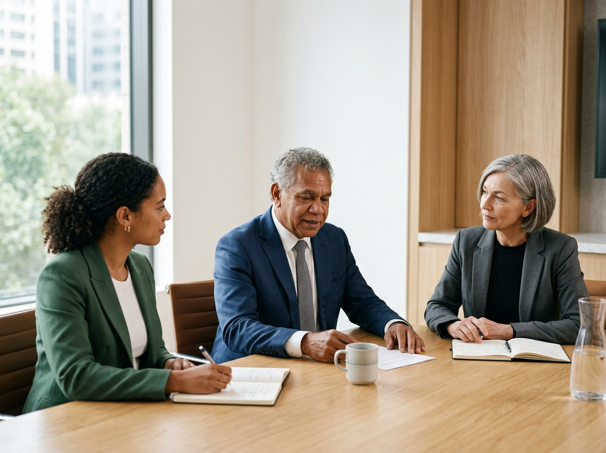 Three professionals having a business meeting about remuneration strategies.