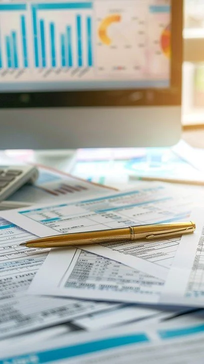 Desk with financial documents, a gold pen, a calculator, and a computer monitor displaying charts and graphs.