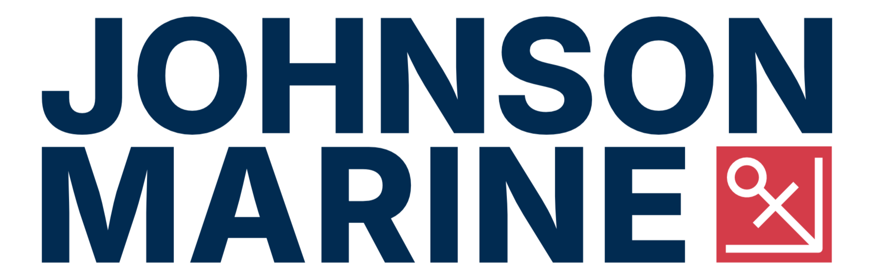 Logo for Johnson Marine with navy blue text and a red square containing a white anchor and a crossed oar.