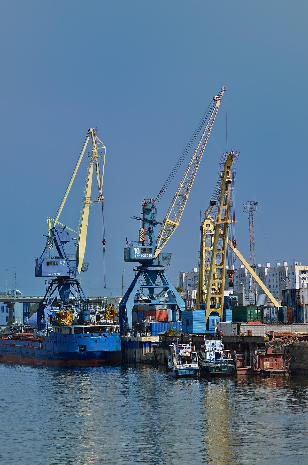 A harbor scene with multiple large yellow and blue cranes, some with ships docked below, and a background of residential buildings under a clear blue sky.