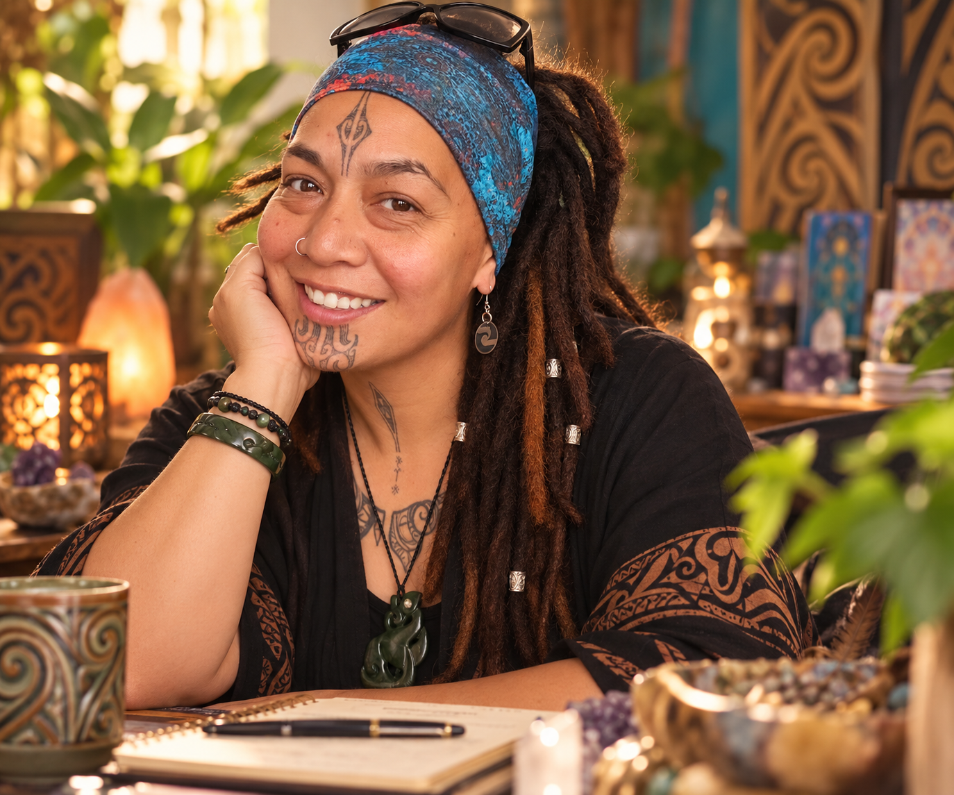 A woman with dreadlocks, tattoos, and jewelry smiling at the camera in a warmly lit, decorative space with plants and spiritual items in the background.
