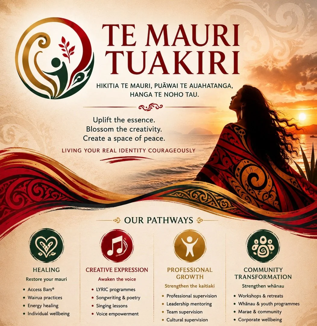 A poster with a sunset background and a woman looking at the horizon, featuring Maori-inspired design elements, text about Maori culture, pathways for healing, creative expression, professional growth, and community transformation.