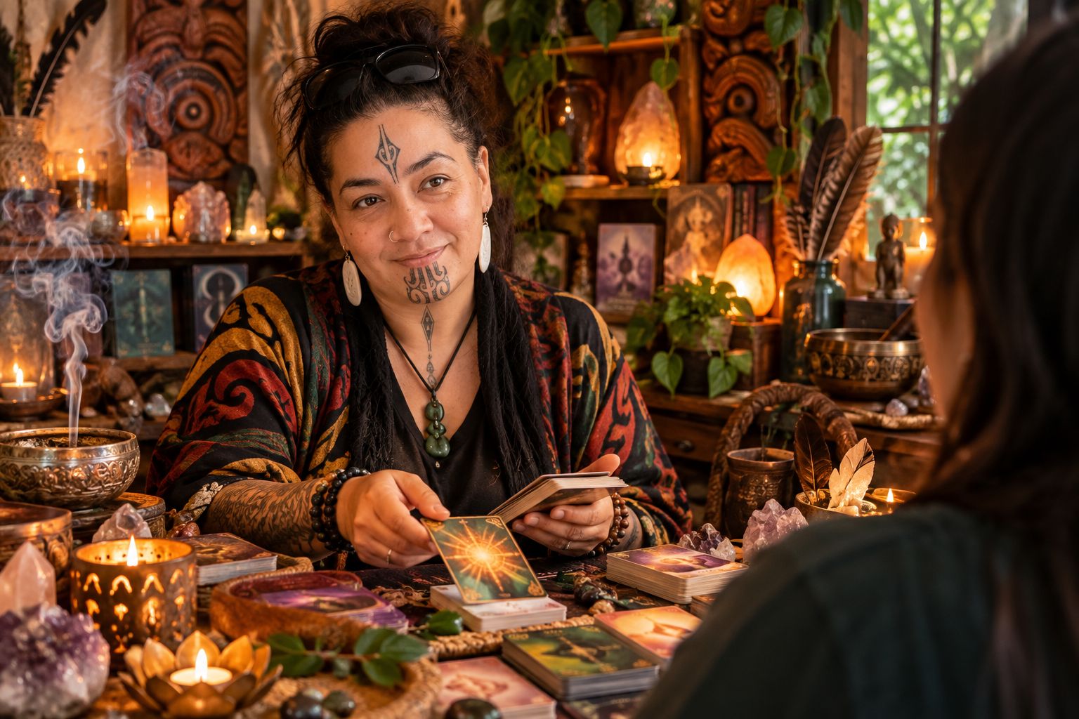 A woman with extensive facial tattoos and jewelry practices tarot reading at a decorated table in a cozy, mystical environment with candles, crystals, and artwork.