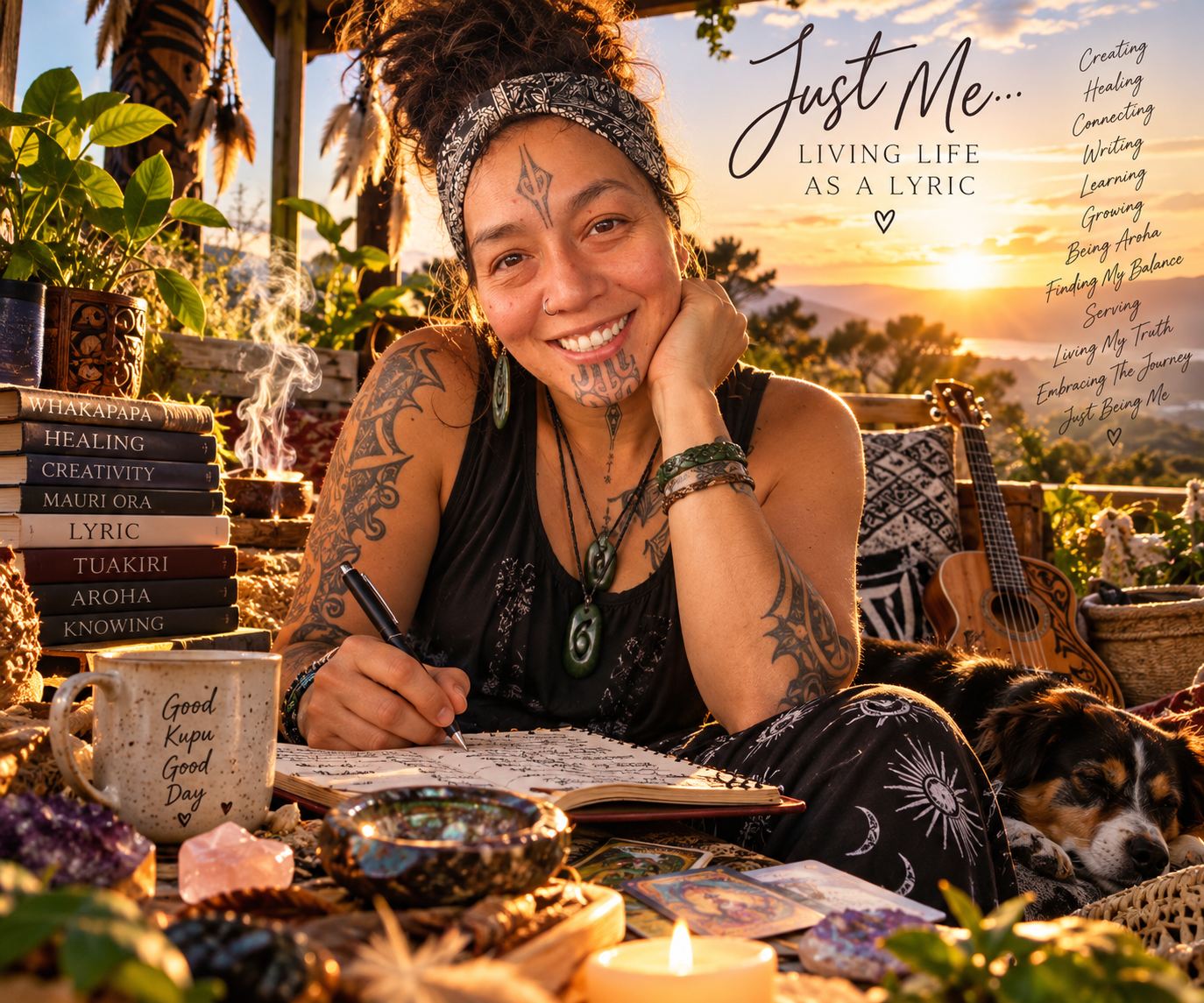 A woman with tattoos and a bandana sitting outdoors at sunset, writing in a journal surrounded by books, crystals, candles, a mug, tarot cards, and a dog resting nearby. The background features plants, mountains, and a guitar.