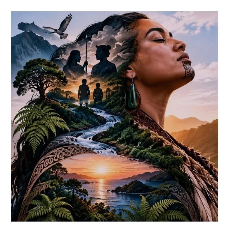 A digital art collage showing a woman's profile with her eyes closed, surrounded by lush green foliage, waterfalls, and a sunset. Inside her silhouette, there are scenes of two women talking, two children walking, an eagle flying, and mountains in the background.