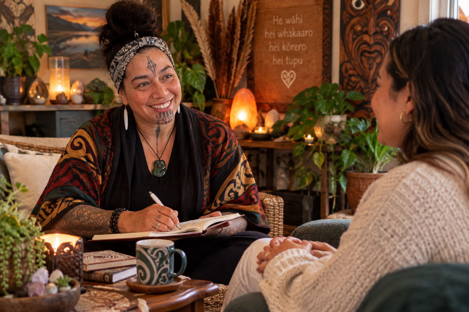 Two women having a conversation in a cozy, decorated room, with one woman smiling and taking notes, surrounded by plants, candles, and artwork.