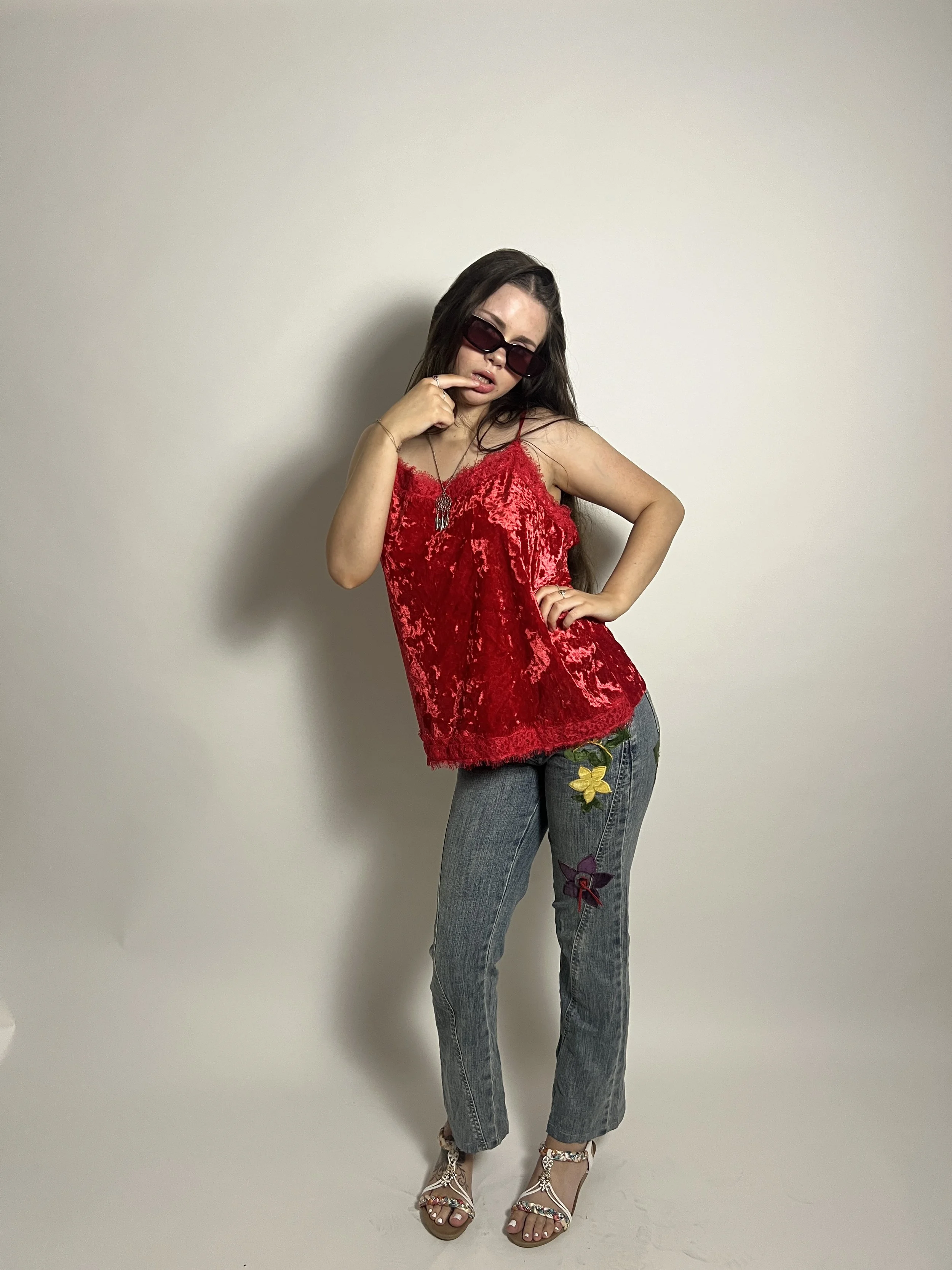 Crushed velvet lace cami in red