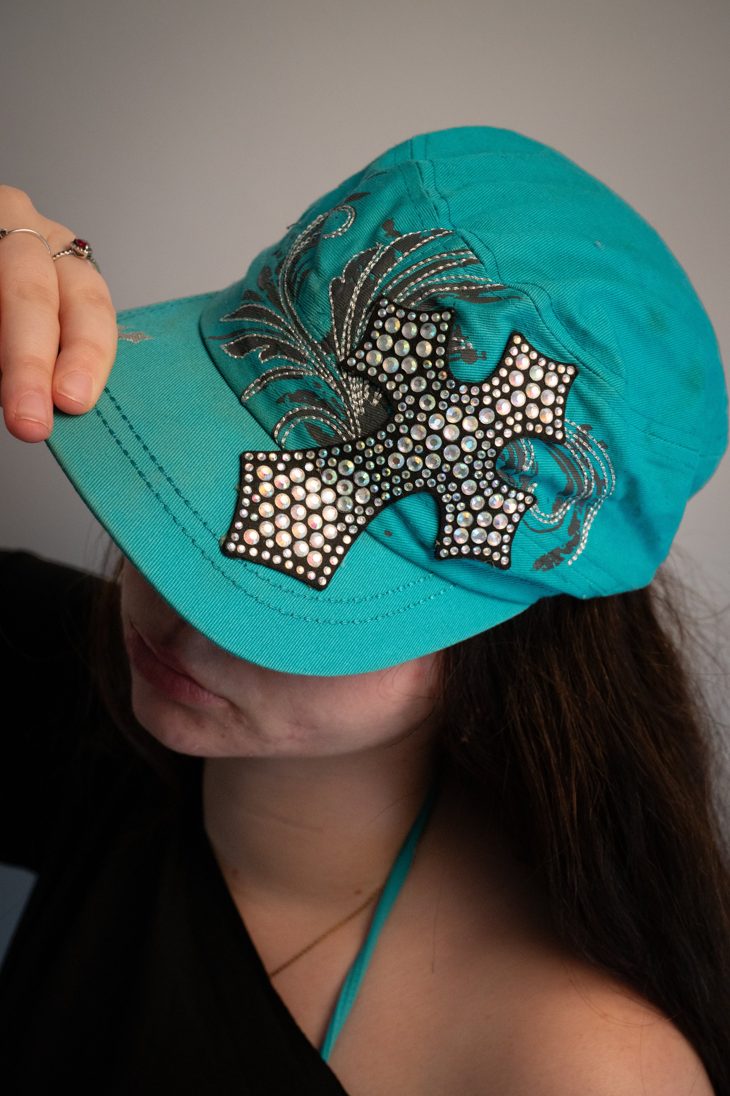 Turquoise cross rhinestone cadet cap