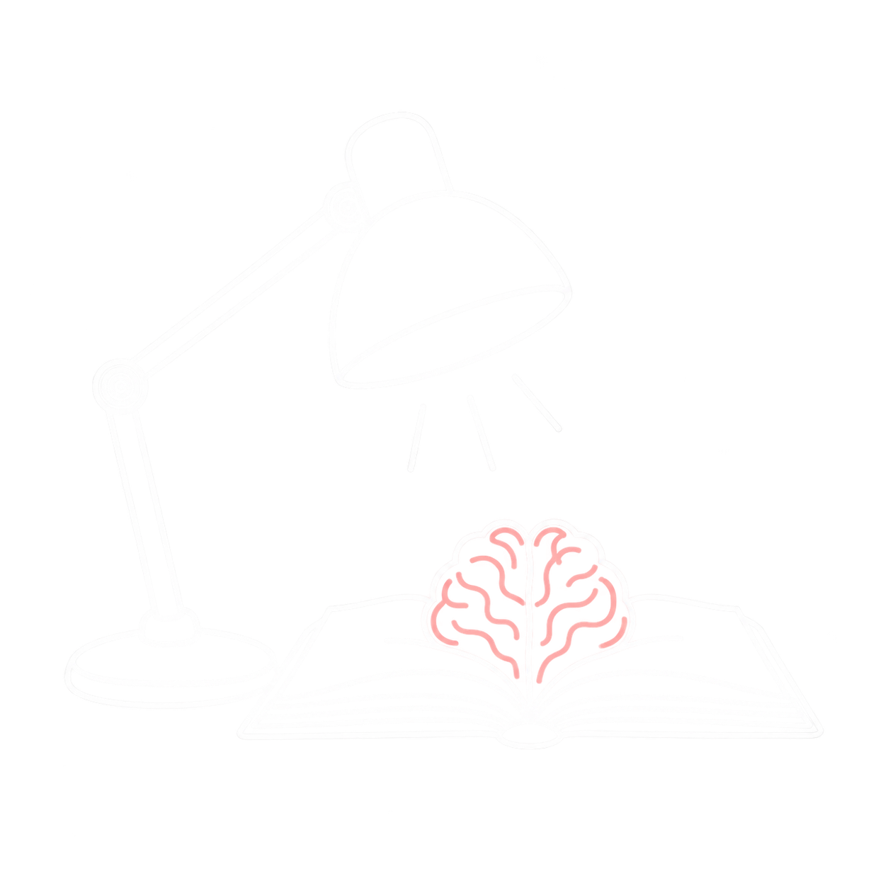 A desk lamp shining light onto an open book with a glowing neon brain illustration on the pages.