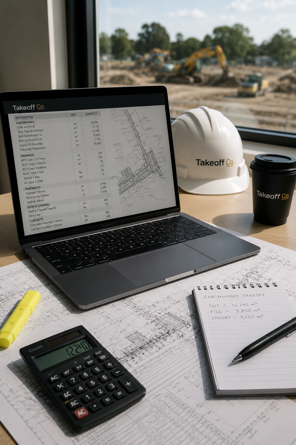 Construction site planning desk with a laptop displaying a project schedule, architectural blueprints, a calculator, a notepad with earthworks details, a yellow highlighter, a black pen, a white safety helmet, and a black coffee cup marked 'Takeoff Co.', with construction machinery visible through the window.