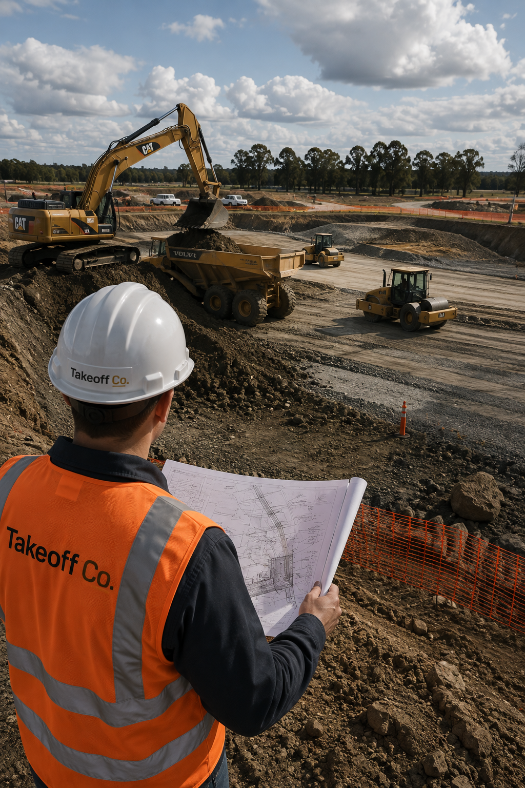 Construction worker wearing an orange safety vest and white helmet labeled 'Takeoff Co.' holds a blueprint and observes a construction site with excavators, bulldozers, and construction vehicles working on a large-scale earth-moving project near a tree-lined landscape under a partly cloudy sky.