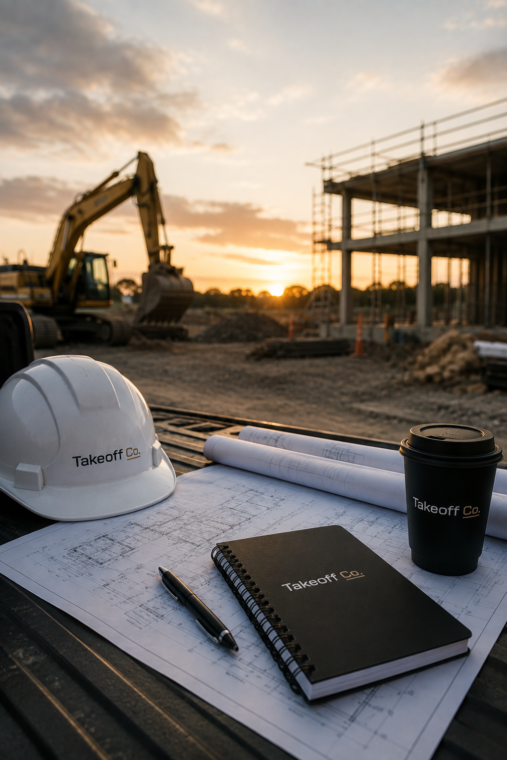 Construction site at sunset with blueprints, a notebook, pen, hard hat, coffee cup, and scaled plans in the foreground, and an excavator and a partially constructed building in the background.