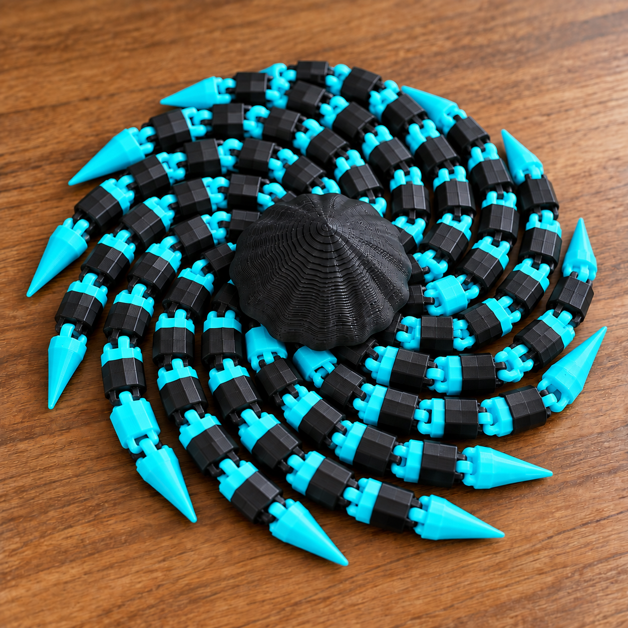 Spiraalvormige zwarte en cyaan 3D-printketting.png