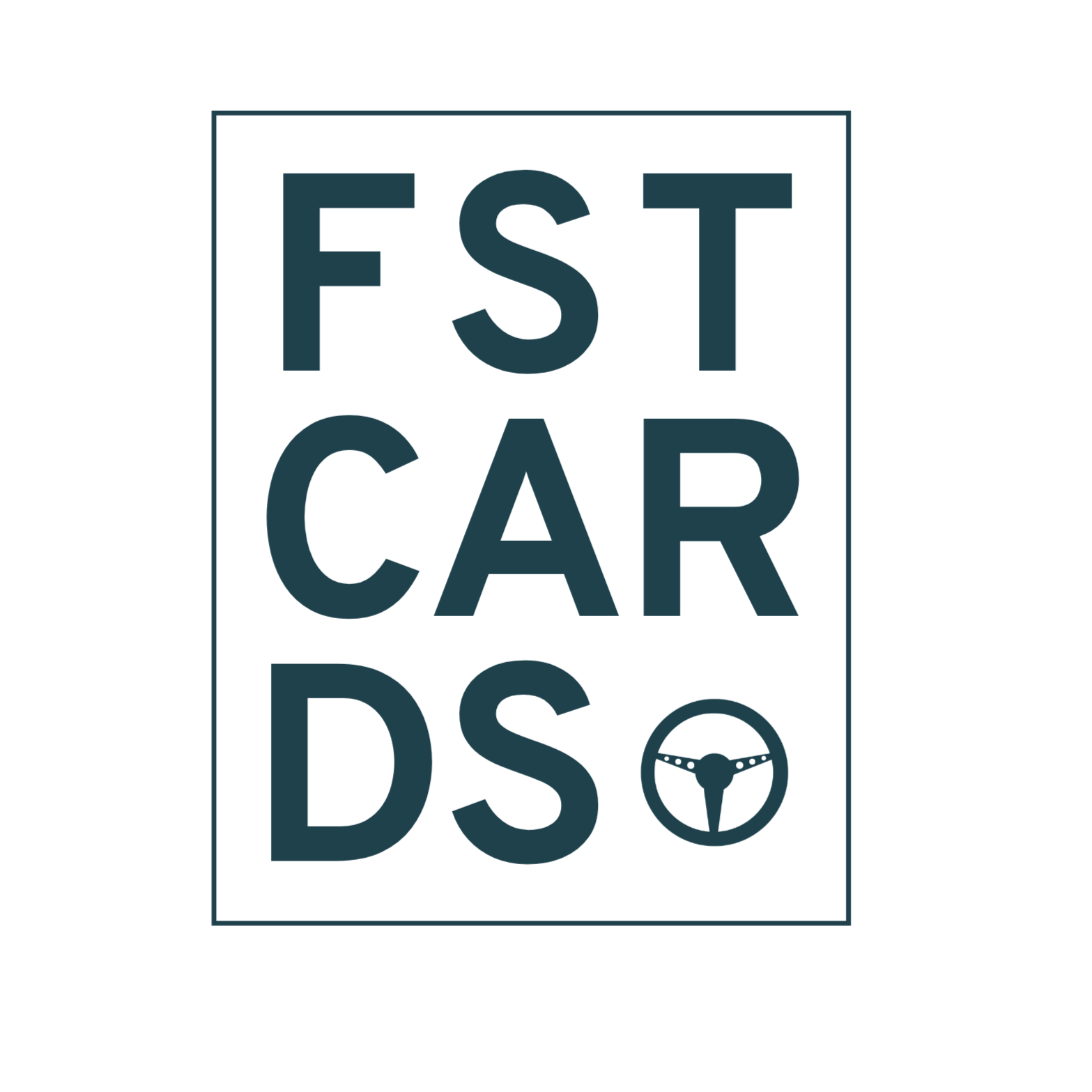 Logo for FST Car DS featuring a rectangular outline, large block letters, and a small steering wheel icon in the bottom right corner.