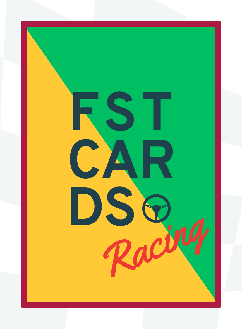 A colorful logo with the words "Fast Cars Racing". The background is divided diagonally with yellow on the left and green on the right. The word "Racing" is in red, cursive font at the bottom right, and there is a steering wheel icon between the words "Cars" and "Racing".