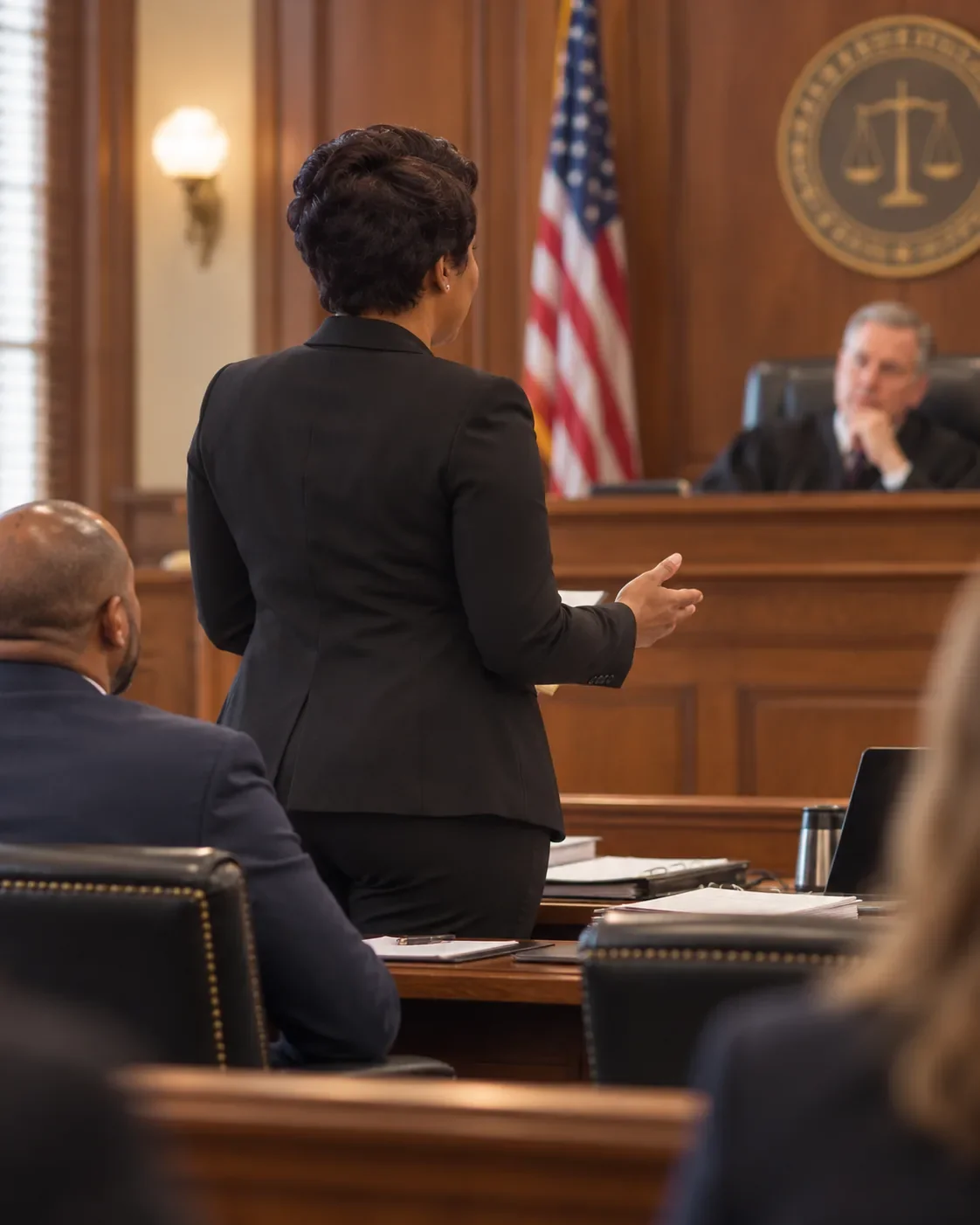 A woman in a black suit is speaking in a courtroom with a judge seated behind the bench in the background. The courtroom has wooden decor, an American flag, and a seal with scales of justice.