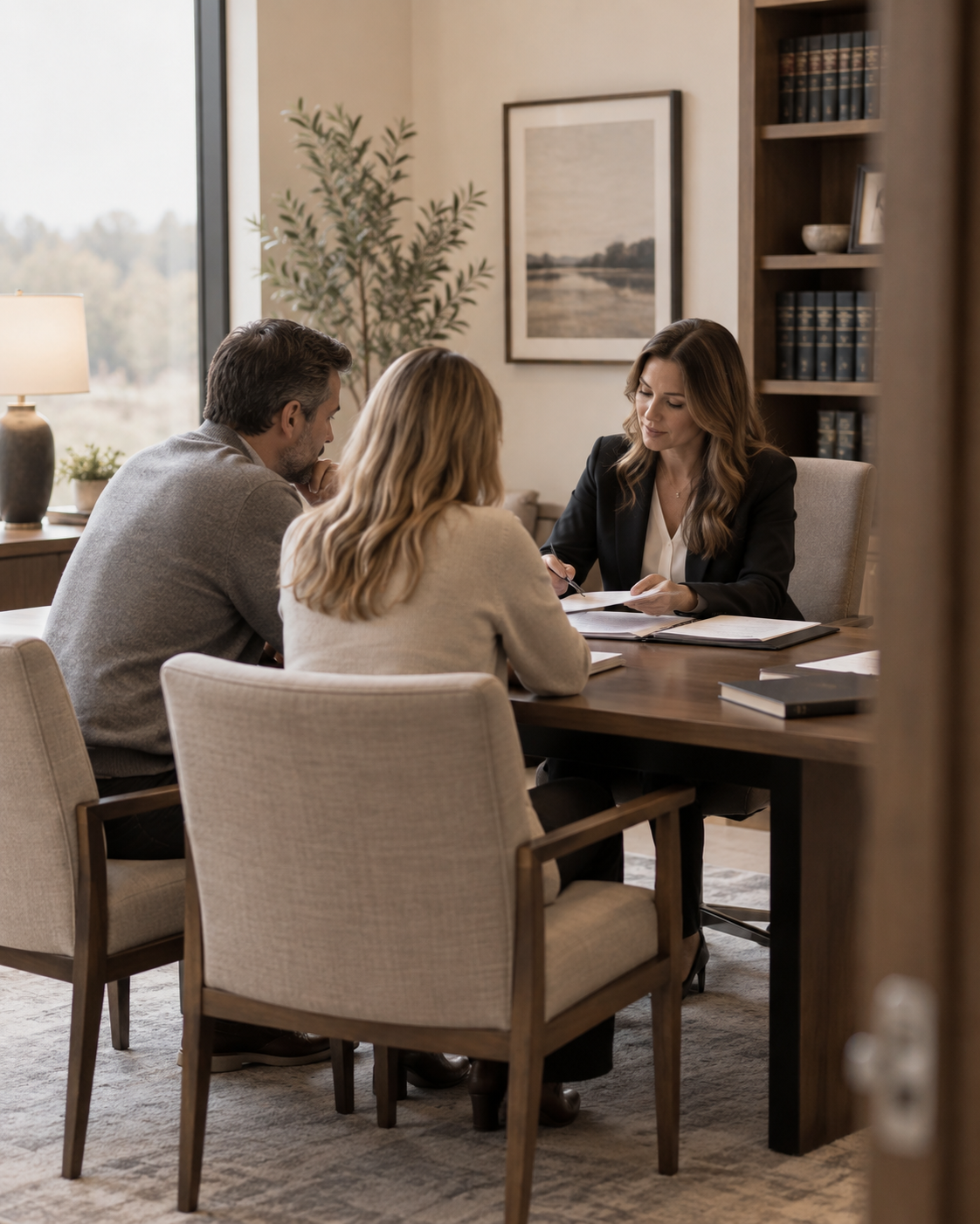 Attorney meeting with clients in a professional office