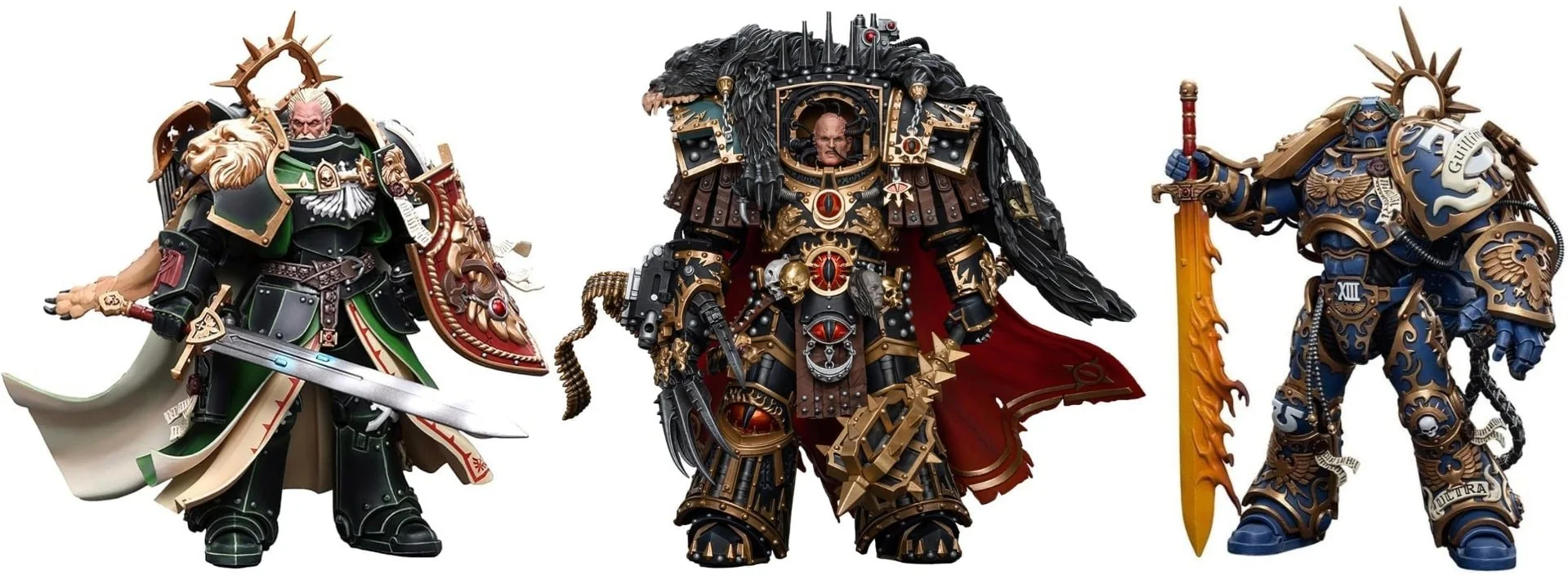 Three highly detailed Warhammer 40K miniatures, each in ornate armor with weapons, standing side by side.