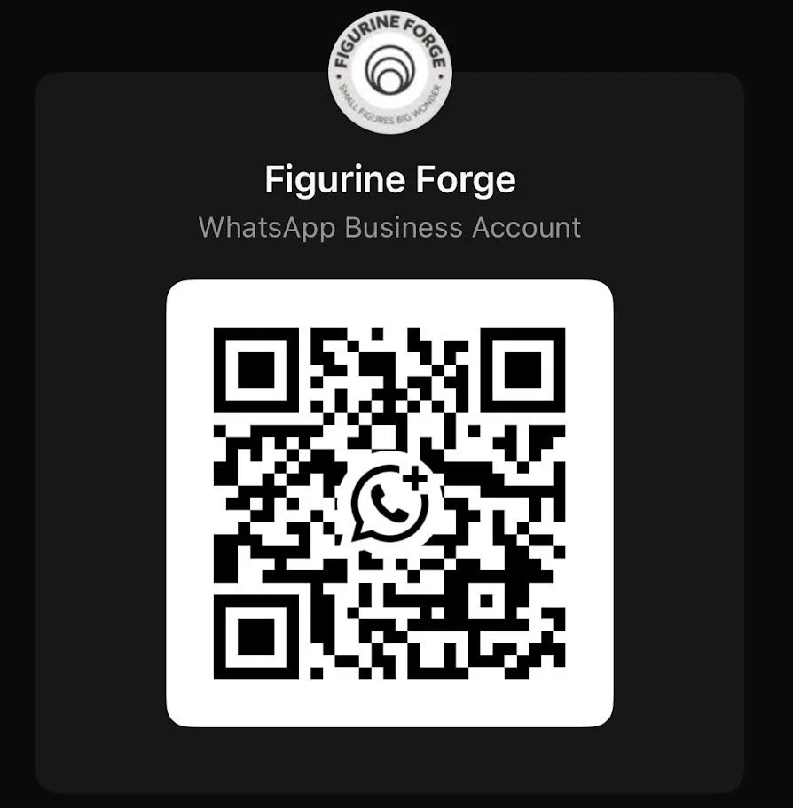 A digital business card for Figurine Forge featuring a QR code, the company logo at the top, and text indicating it is a WhatsApp Business account.