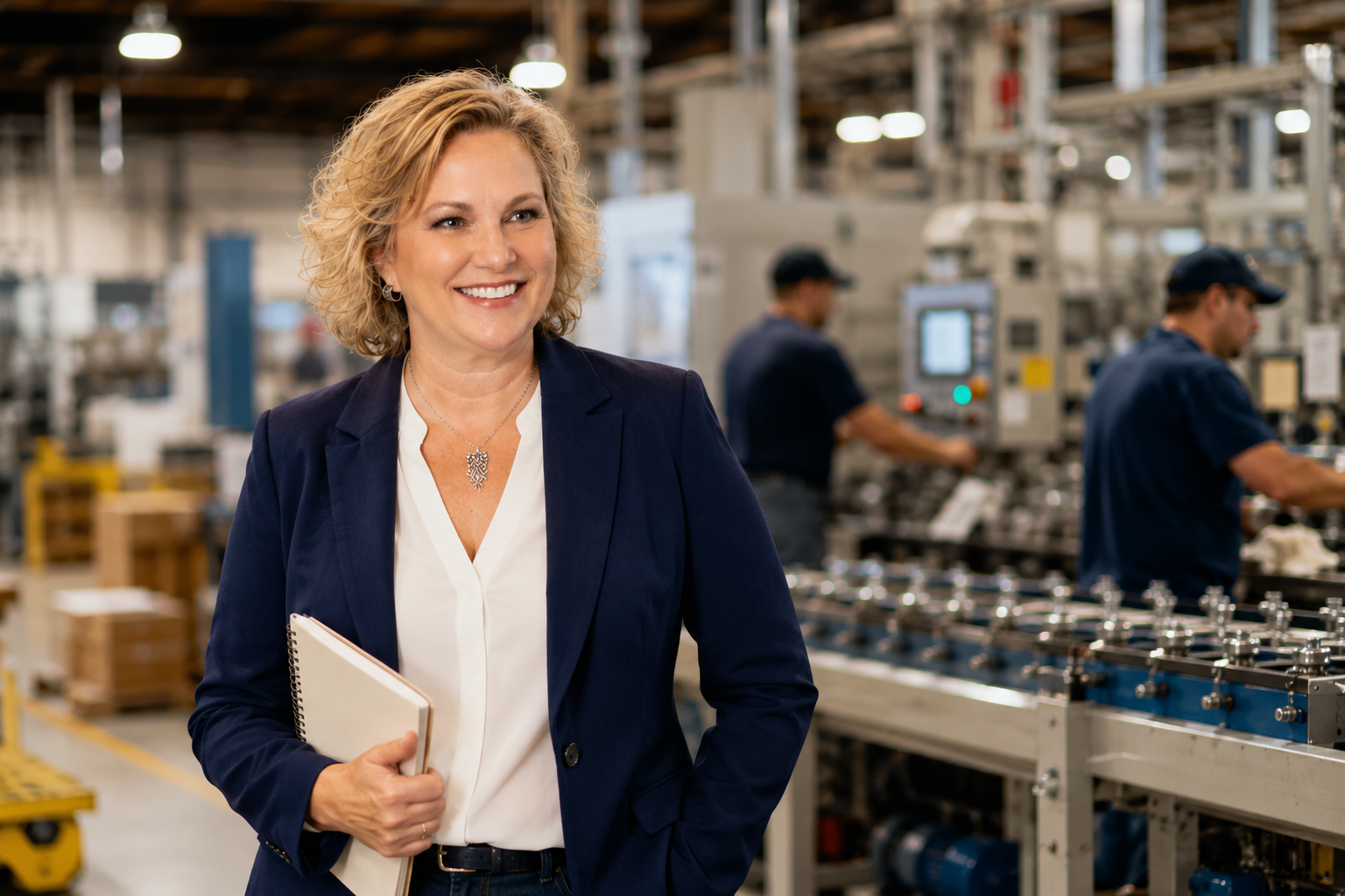Susan Polk consulting on-site with a manufacturing client, reviewing operations on the production floor