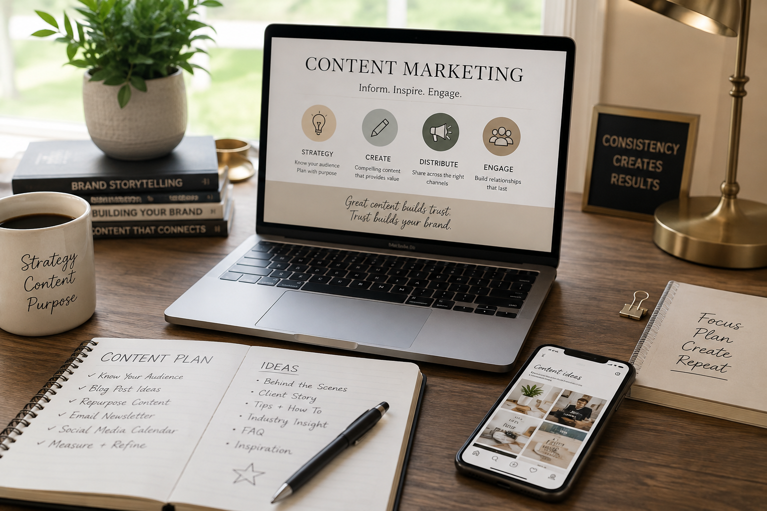 A workspace with a laptop displaying content marketing strategies, a notebook with content planning ideas, a smartphone showing social media content ideas, a coffee mug with strategy, content, purpose written on it, a stack of books about branding and storytelling, a gold desk lamp, a small black sign with white text saying 'Consistency Creates Results', and a decorative plant.