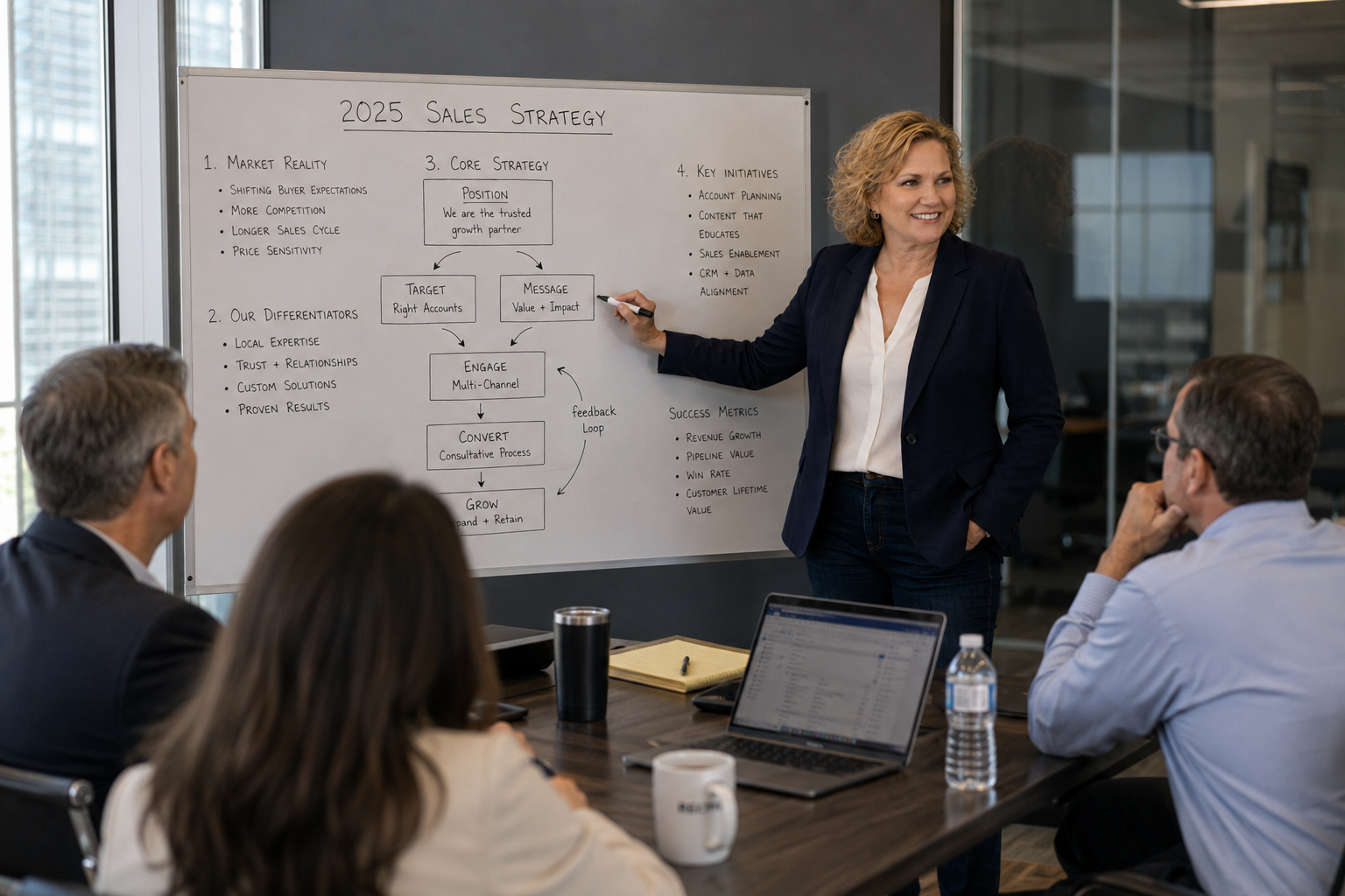 Susan Polk leading a strategy workshop, presenting positioning and messaging plans to a client team