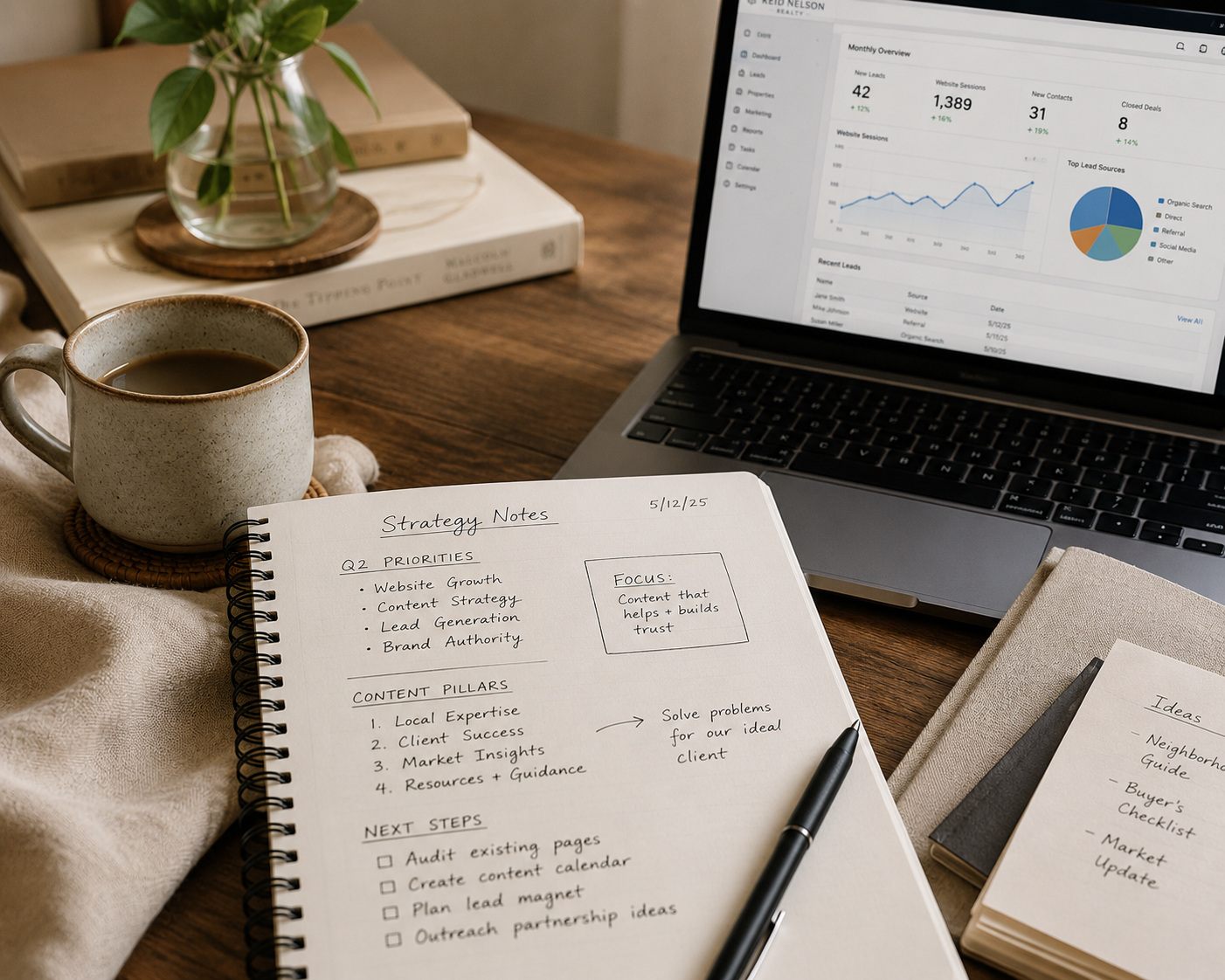 A workspace featuring a coffee mug, a plant in a glass vase, books, and a laptop displaying analytics. A notebook with handwritten strategy notes and a black pen are also visible on the wooden desk.