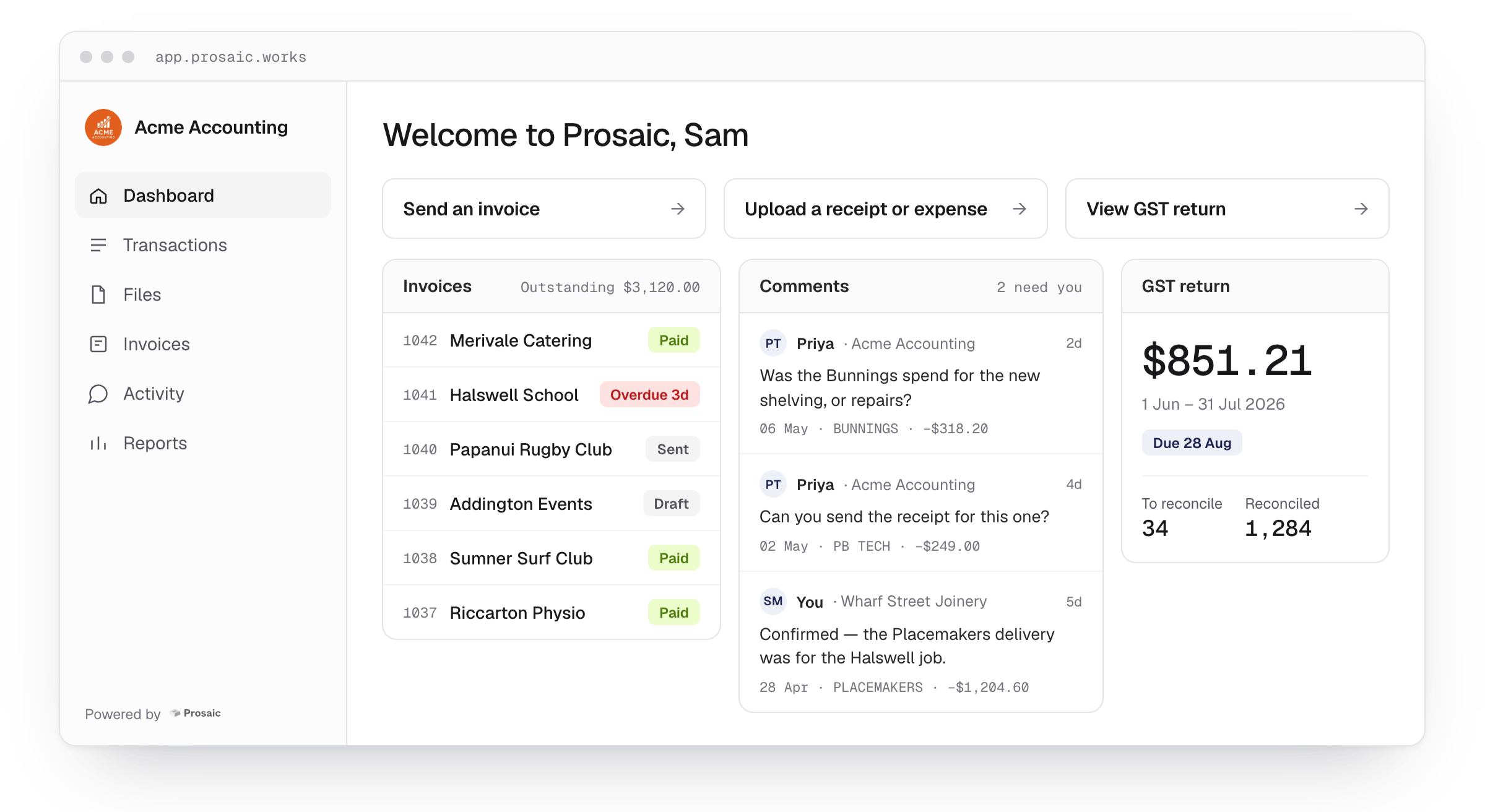 Screenshot of Prosaic accounting web app interface with dashboard, invoices, transactions, files, activity, and reports sections, showing invoice list, comments, and GST return details.