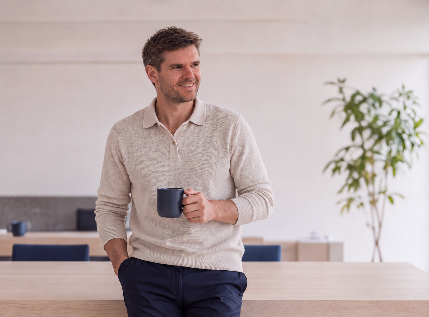 A man with brown hair and a beard, wearing a beige sweater, standing in a modern, minimalist office, holding a navy blue coffee mug, smiling and looking to the side.