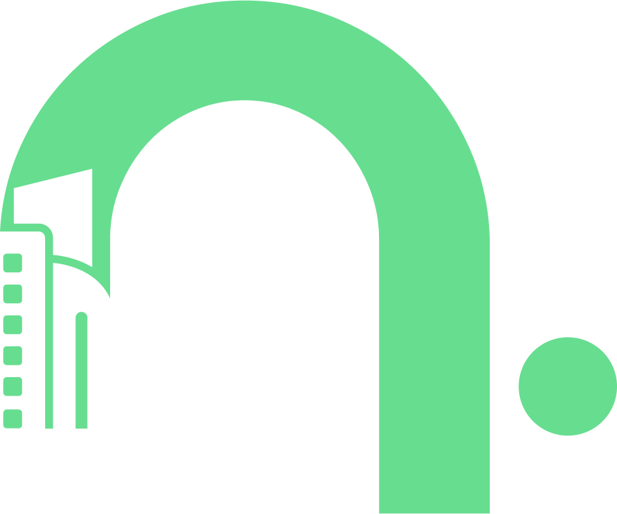 The Nous 'n' symbol. A stylized graphic of a green arch with a small green circle to its right and a partial outline of a landmark building on the left.