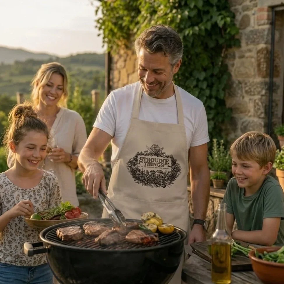 stroudie-things-organic-cotton-apron-worn-by-dad-with-family-enjoying-bbq-cooking