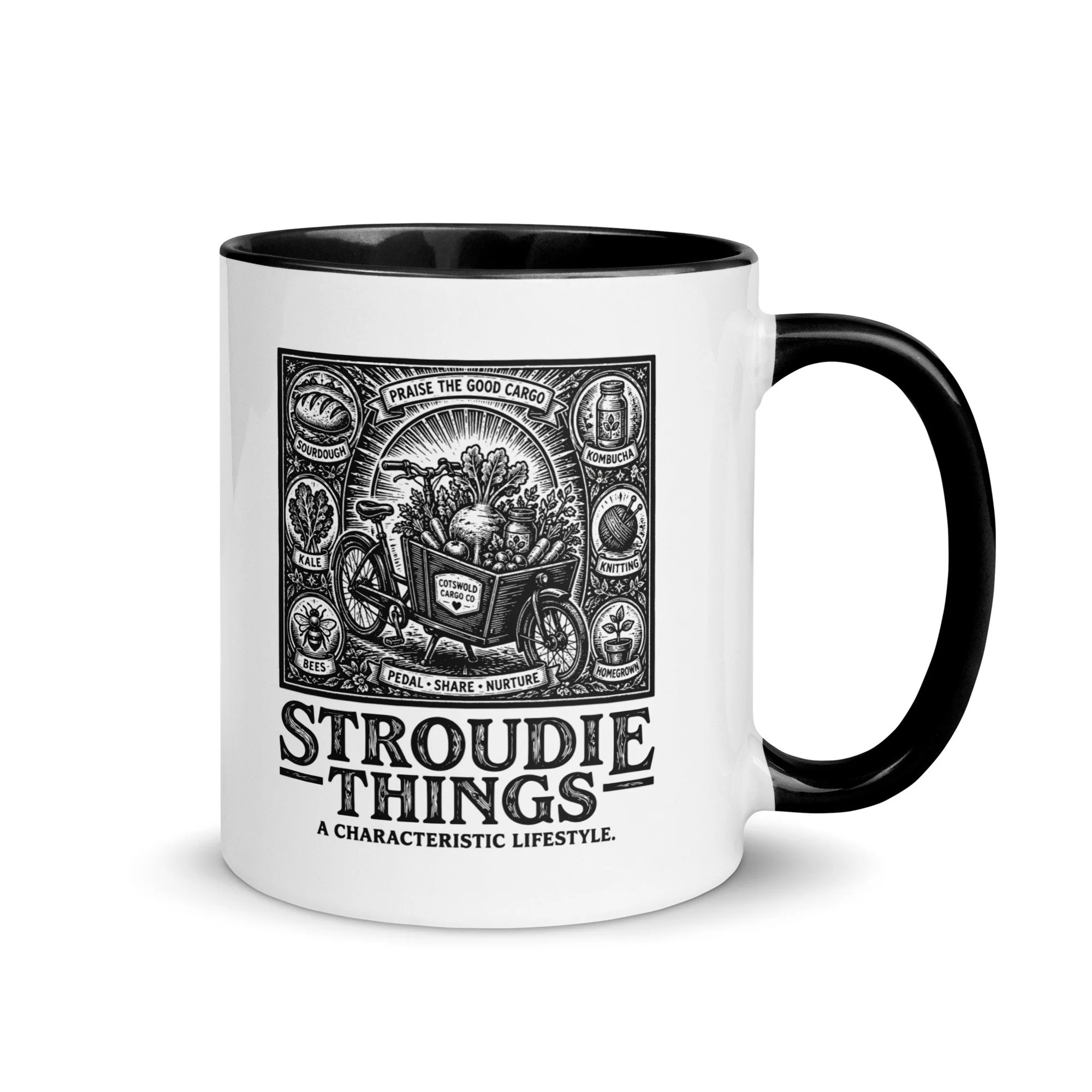 Stroudie Things black ceramic mug with Stroudie Things signature logo.