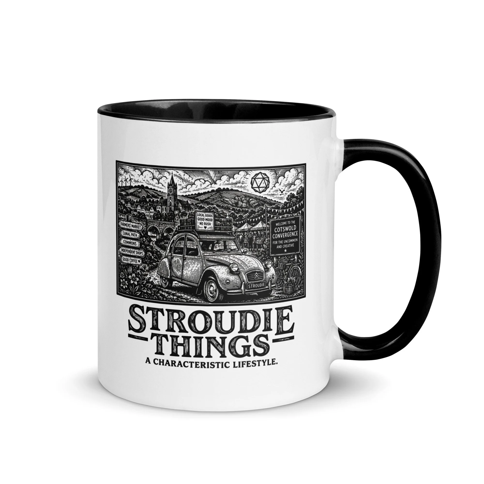Stroudie Things ceramic mug with illustration of local Stroud landmarks.