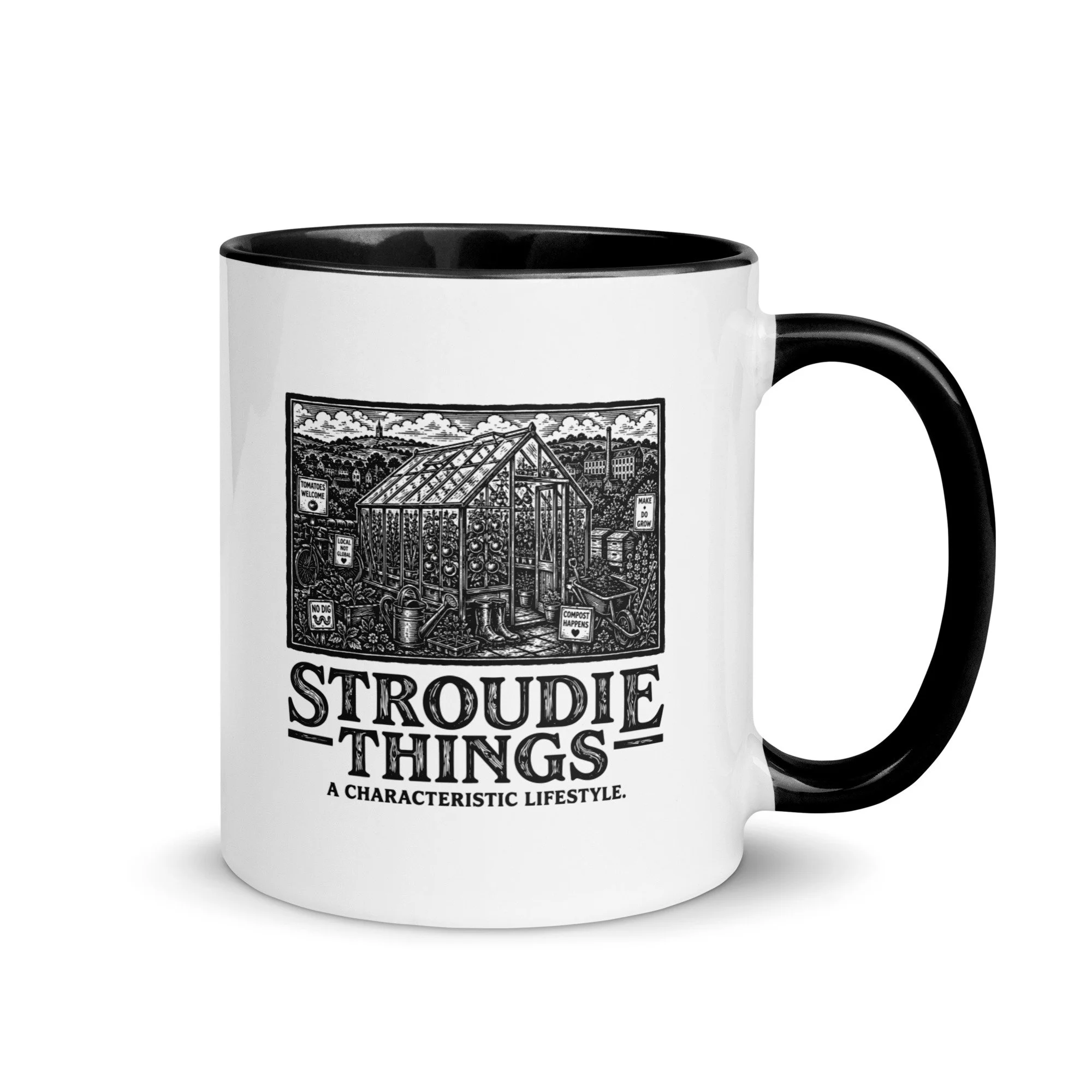 Stroudie Things ceramic mug featuring greenhouse illustration and A Characteristic Lifestyle text.