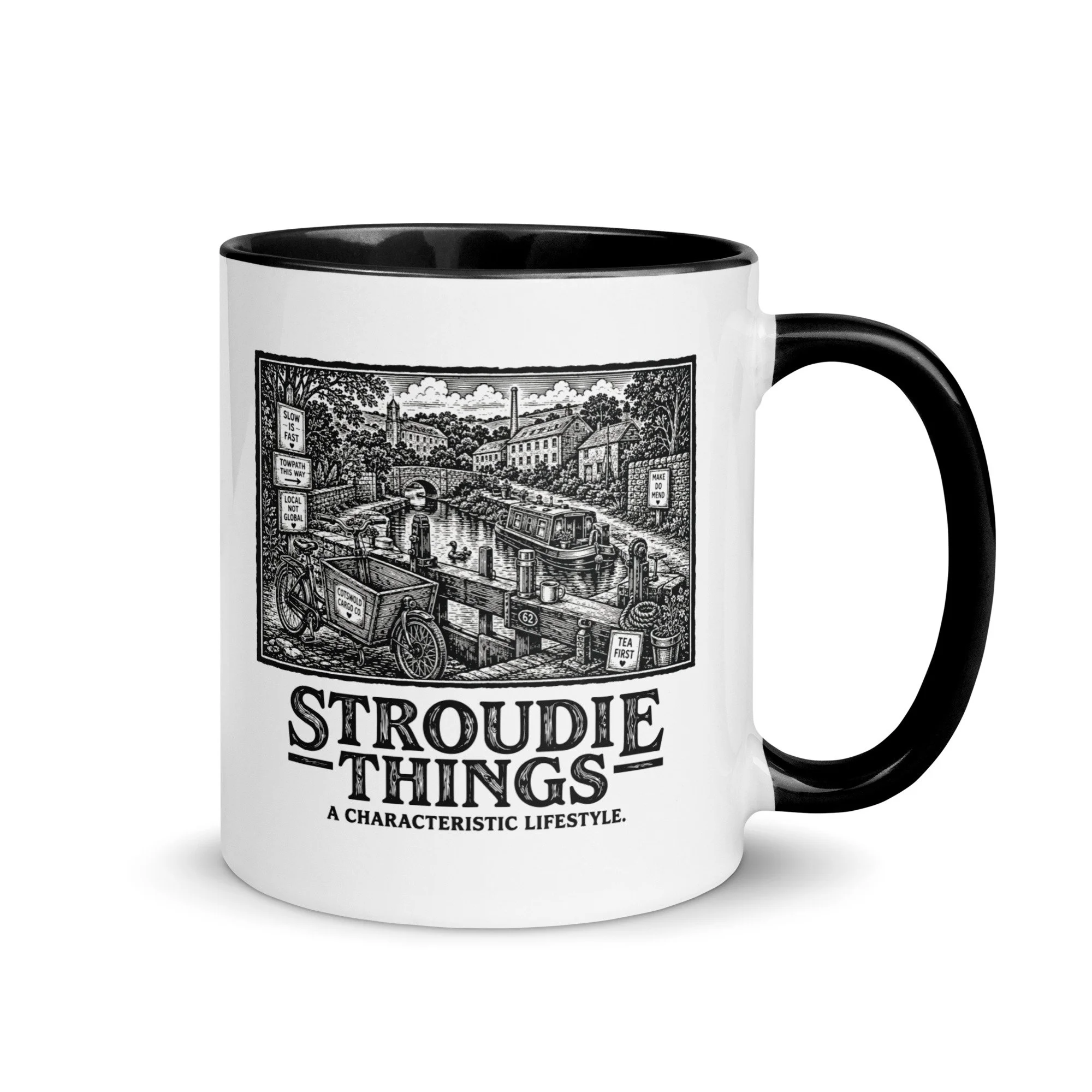 Stroudie Things black and white ceramic mug featuring Stroud town architecture and landmarks.