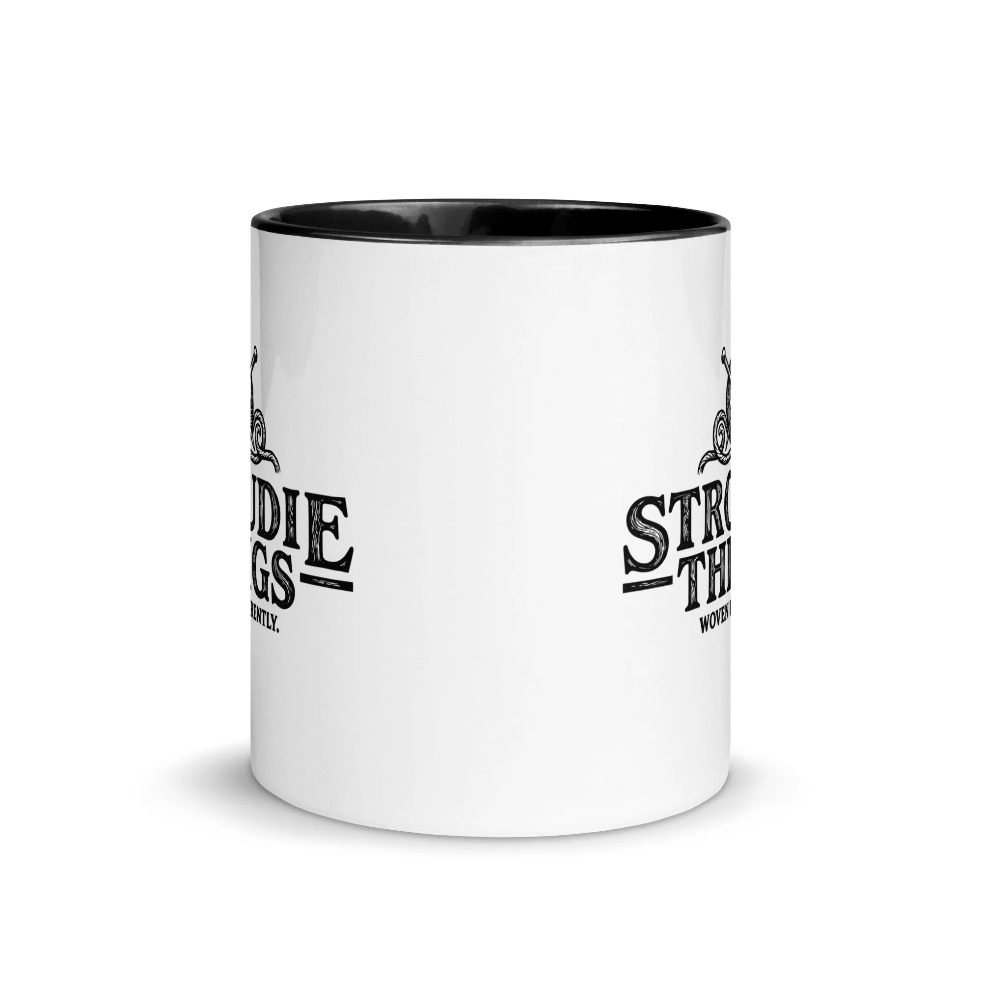 Side view of Stroudie Things Woven Differently black accent ceramic mug