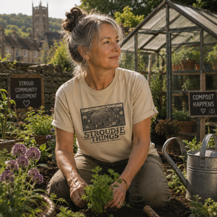 what-grows-in-the-valleys-organic-t-shirt-desert-dust-front-worn-by-older-lady-in-her-stroud-garden