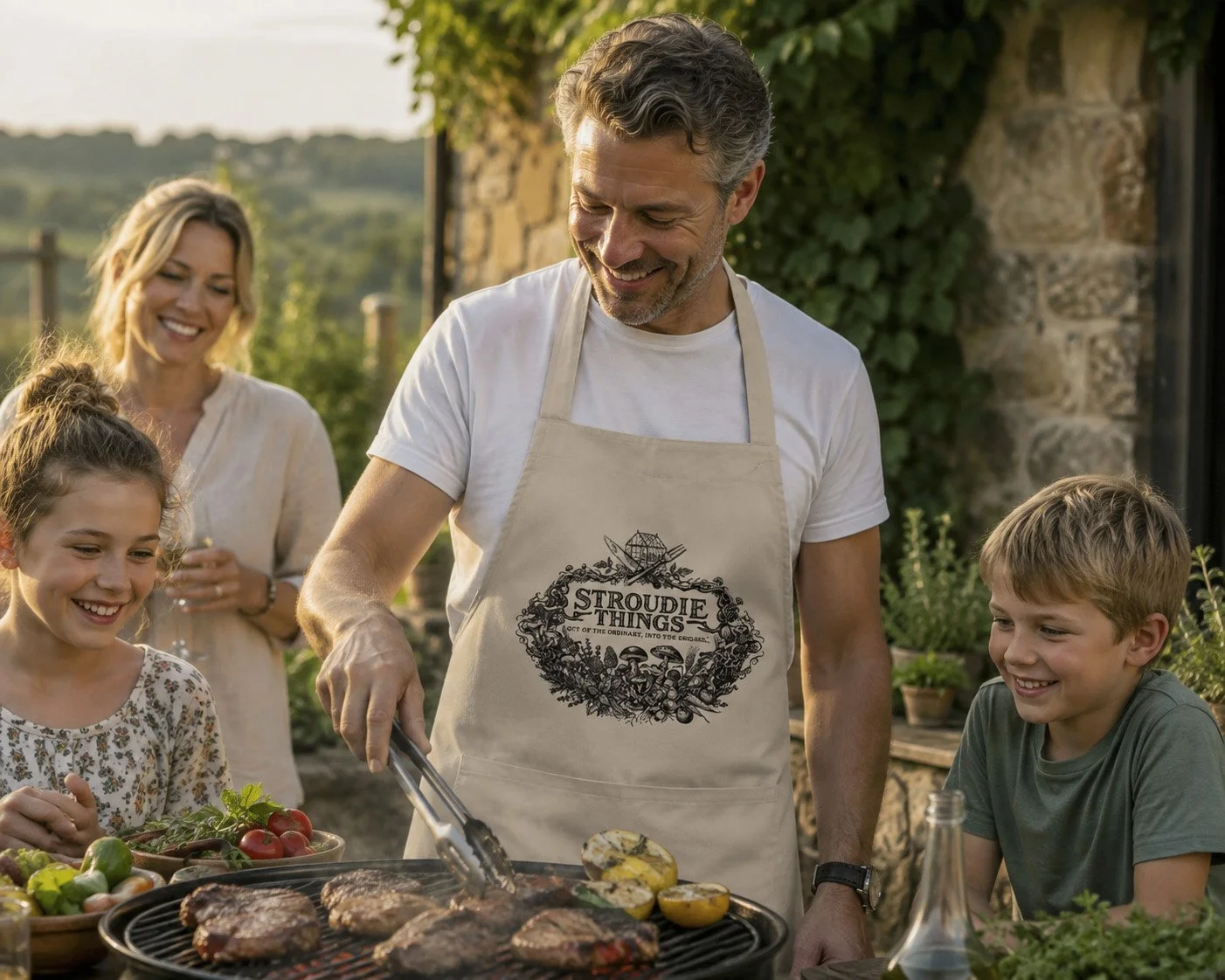 Family BBQ outdoors in Stroud with man wearing a Stroudie Things organic cooking apron.