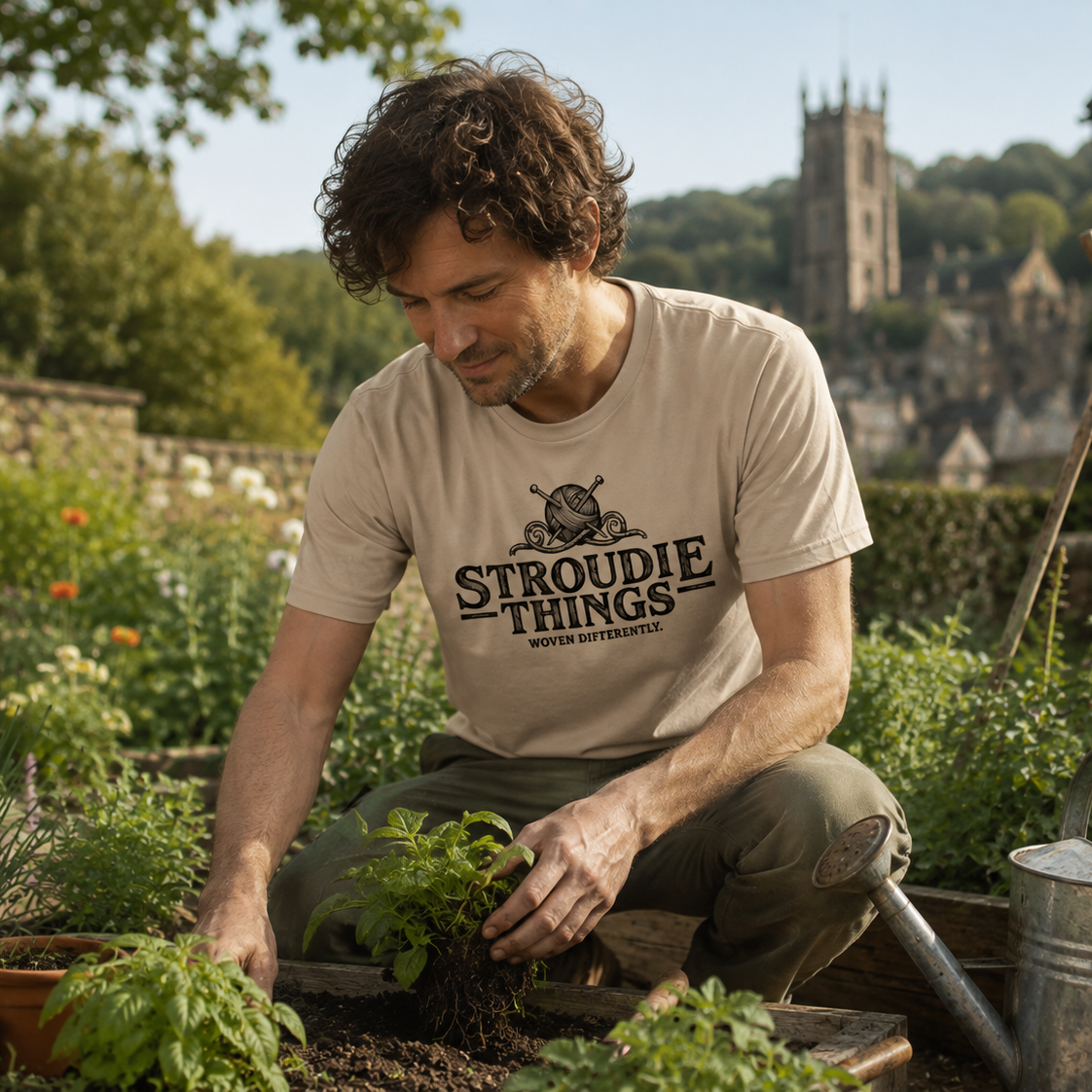 stroudie-things-woven-differently-organic-tee-worn-by-man-working-in-his-allotment