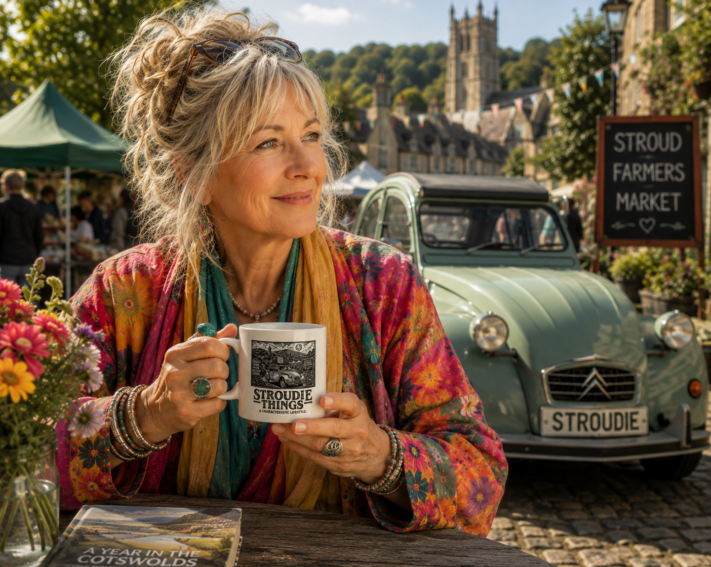 Woman drinking coffee at Stroud Farmers Market holding a Stroudie Things ceramic mug.