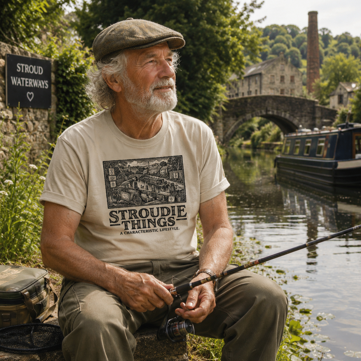 towpath-life-organic-t-shirt-worn-by-older-man-fishing-at-canal