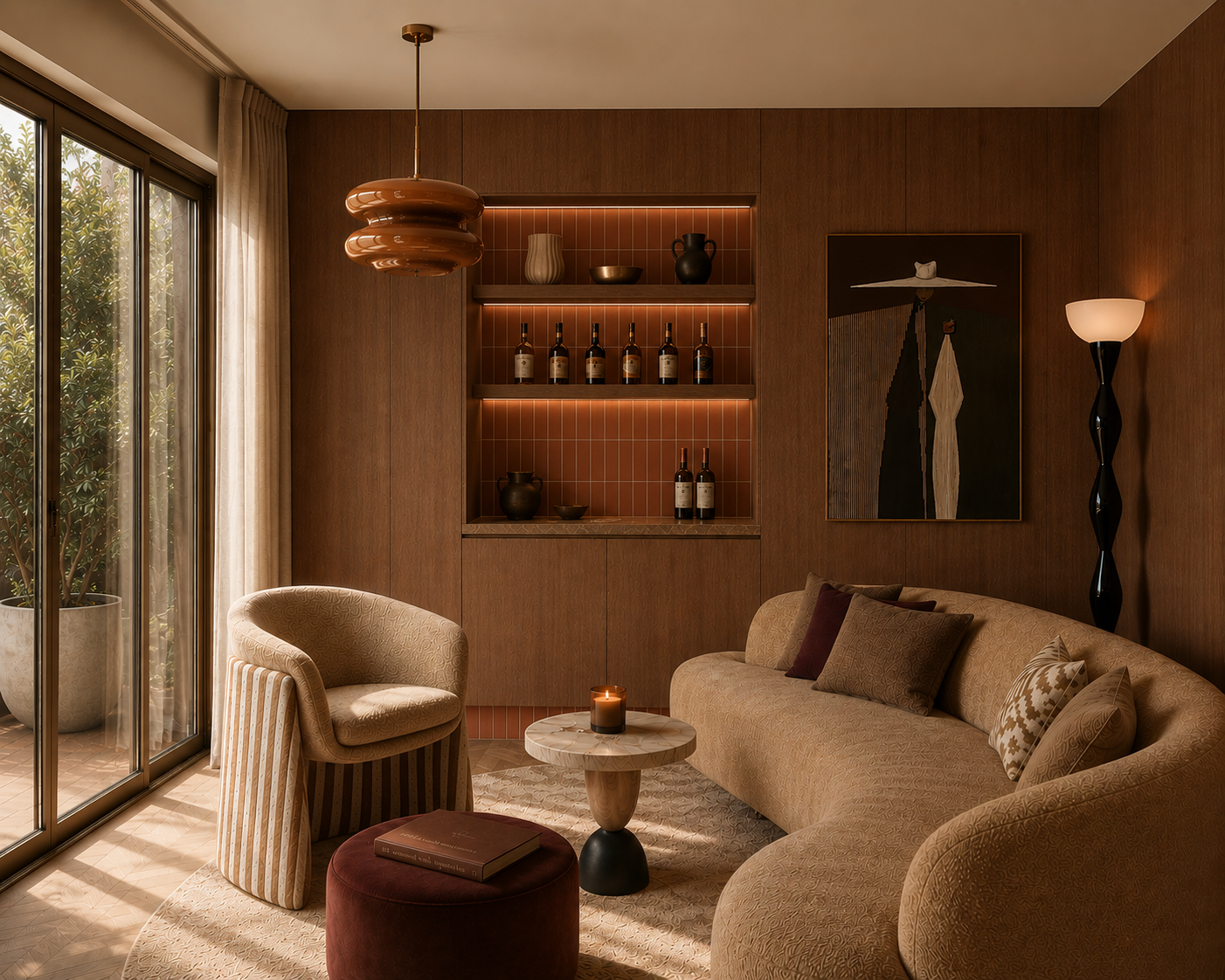 Living room with beige curved sofa, striped armchair, round marble coffee table with a candle, and a velvet ottoman, next to sliding glass doors with curtains and potted plants outside, warm lighting, wooden wall with shelves, bottles, artwork, and a black floor lamp.